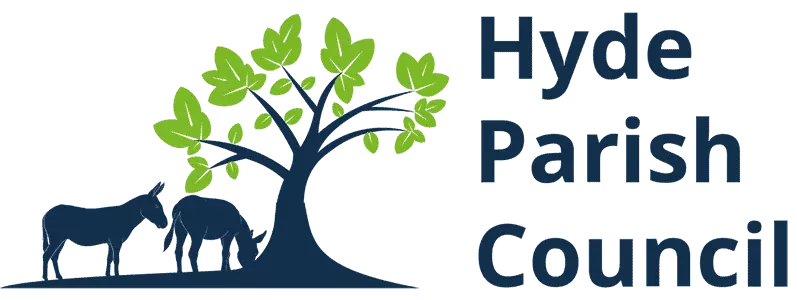 Logo for Hyde Parish Council featuring two donkeys standing under a tree with green leaves, set to the left of the council’s name in bold, dark blue text.