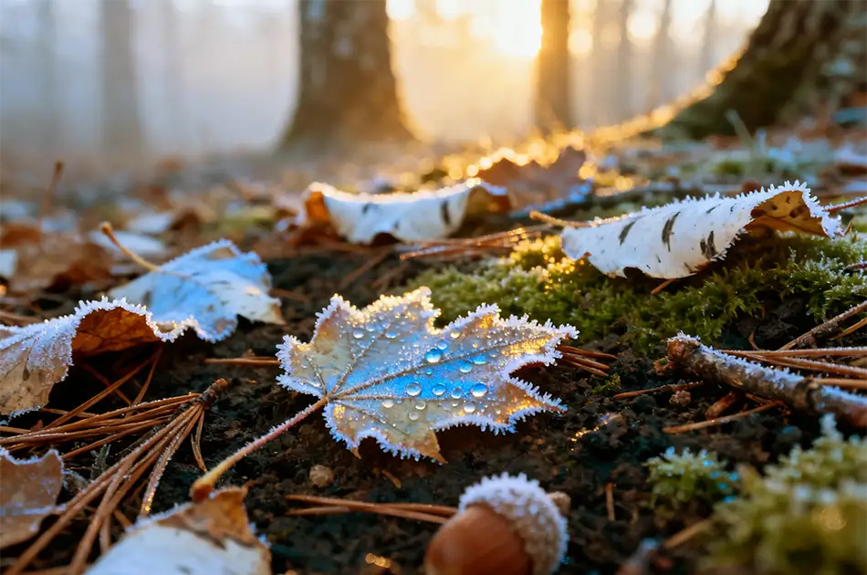 Close up of frosty autumn leaves and pine needles on the forest floor, with dewdrops on a maple leaf. Sunlight filters through blurred trees in the background, creating a warm, glowing effect.