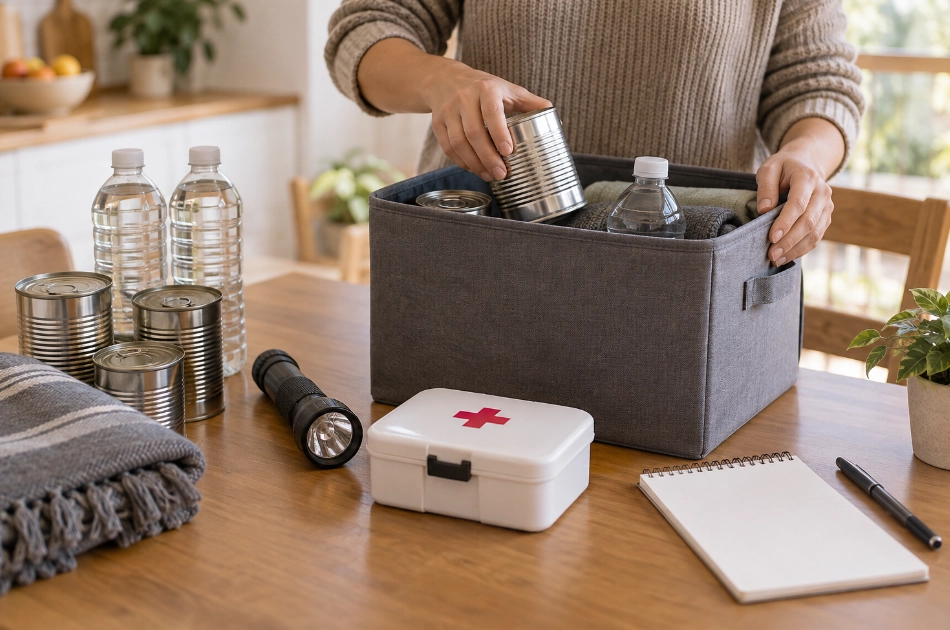 A person packing an emergency kit with tinned goods, water bottles, a torch, a first aid kit, a notebook, and a blanket on a wooden table.