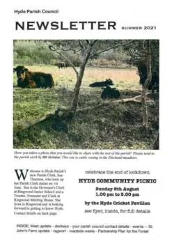 A Parish Newsletters cover featuring cows grazing in a field, titled “Hyde Parish Council Newsletter Summer 2021.” It announces a community picnic on Sunday 8th August at Hyde Cricket Pavilion.