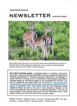 A Community Newsletter cover titled Hyde Parish Council NEWSLETTER Winter 2022 features a photo of four deer in a green forest clearing. The newsletter includes text and a summary of contents at the bottom.