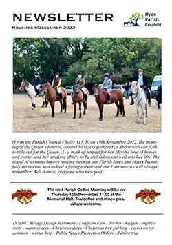 A community newsletter cover features six people on horses in an outdoor setting, beneath a headline about the Hyde Parish Council and upcoming local events. Festive decorations and council logo appear on the page.