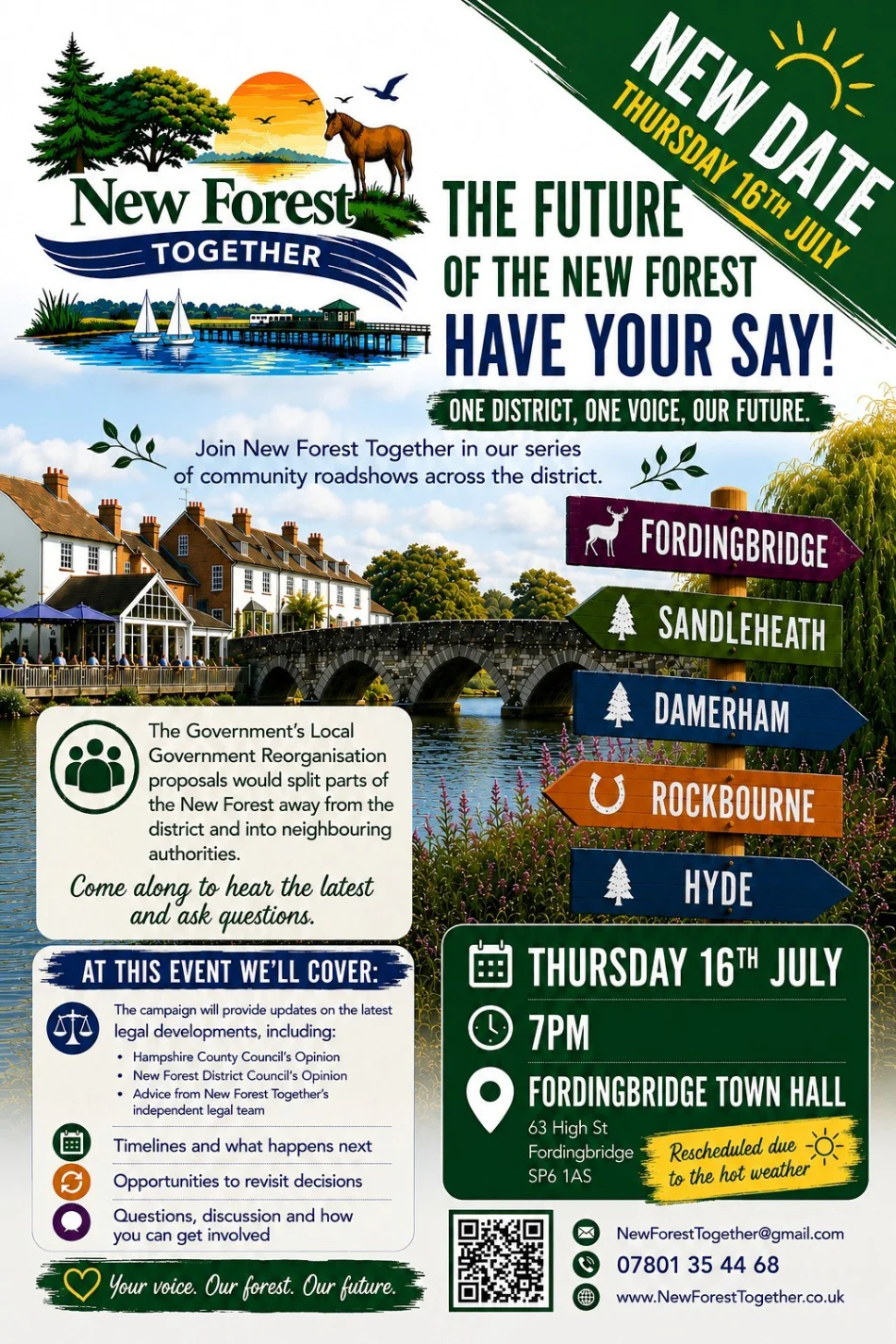 Colourful event flyer with images of the New Forest, promoting a community meeting on the future of the New Forest. Details include date, time, location in Fordingbridge, topics on local government, contact info, and towns affected.
