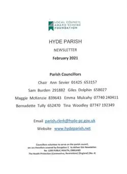 A February 2021 Hyde Parish Newsletters edition lists parish councillors, their roles, contact numbers, the parish clerk’s email, website, and a note on councillor information updates.
