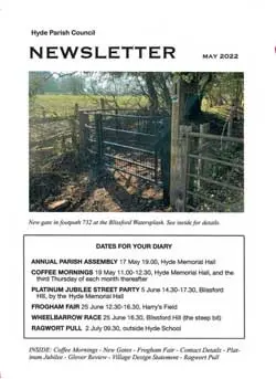 The Hyde Parish Council May 2022 newsletter features a photo of a wooden gate and metal fence by a rural path, with trees and grass beyond. Below are Parish Newsletters event listings and community news.