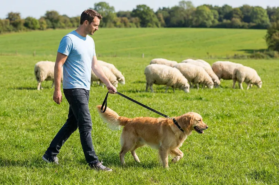 A man in a light blue T-shirt walks a golden retriever on a lead across a grassy field, with farm animals such as sheep grazing in the background under a clear sky.